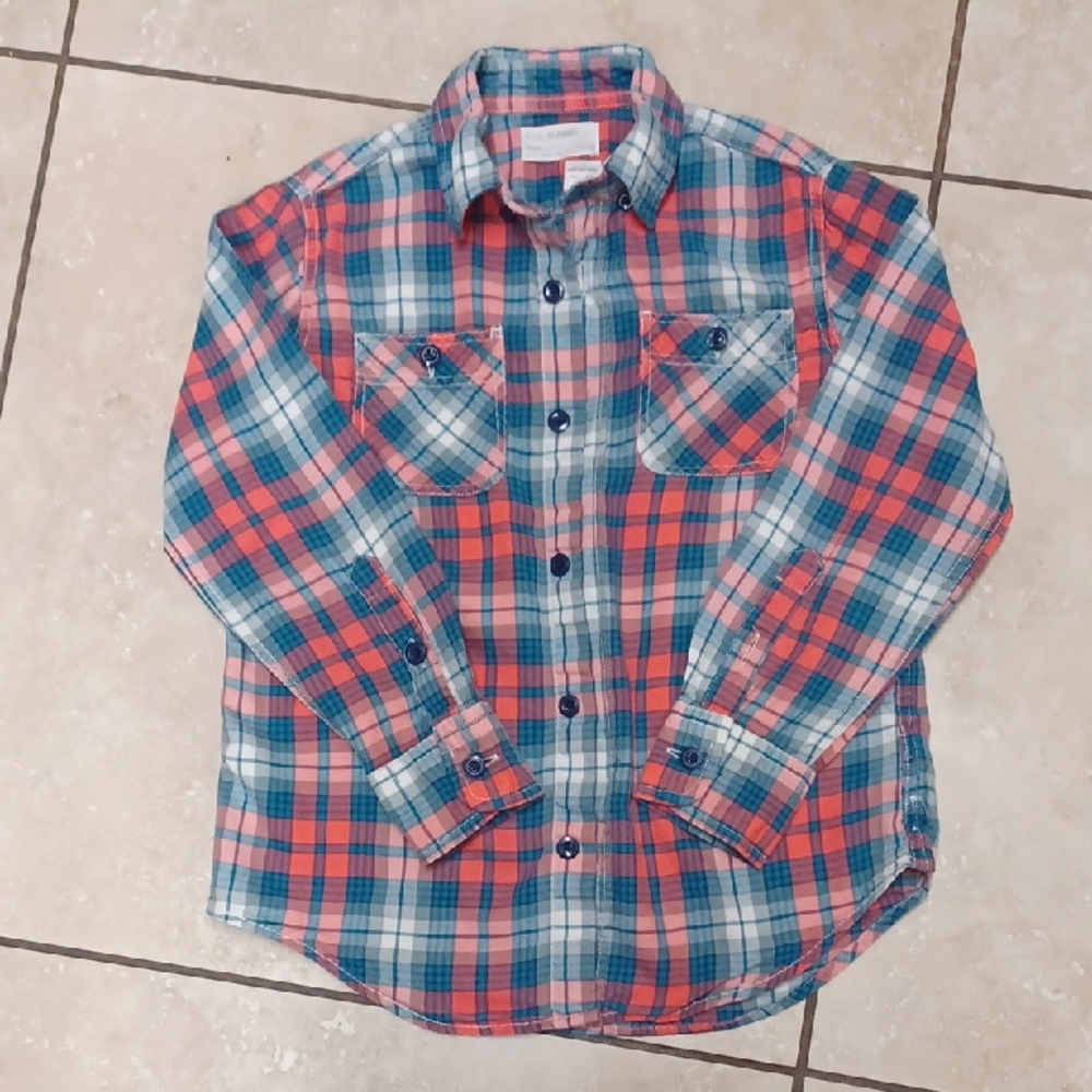 Crewcuts Flannel Plaid Shirt - Red, Teal, White- Size 6/7